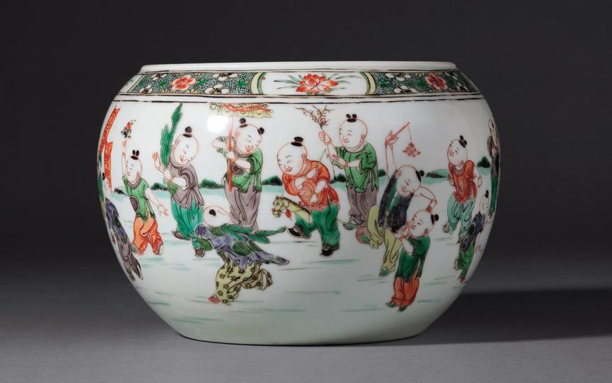 清康熙 五彩婴戏纹卷缸