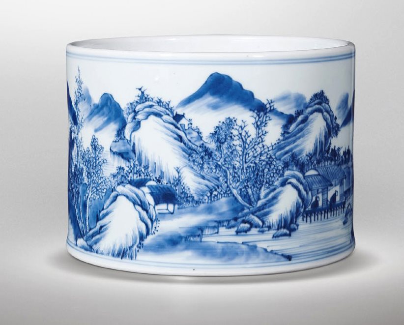 青花山水纹笔筒
