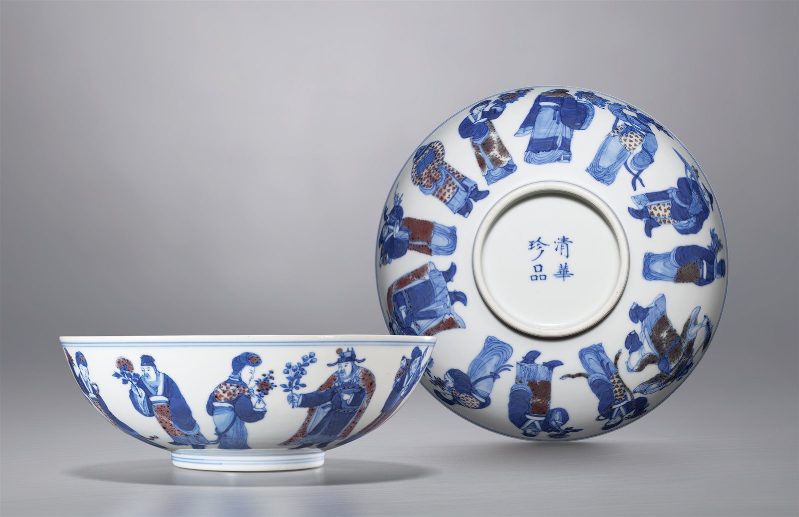 青花釉里红十二花神图碗一对