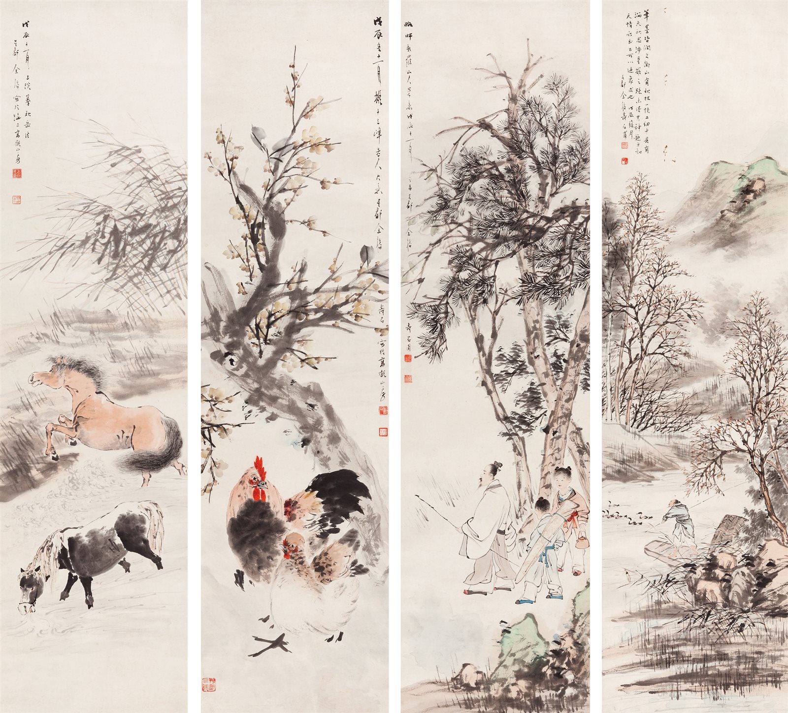 花鸟人物屏