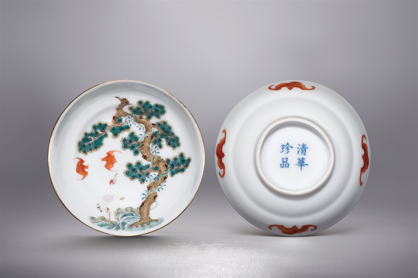 五彩松鹤延年折腰小盘一对