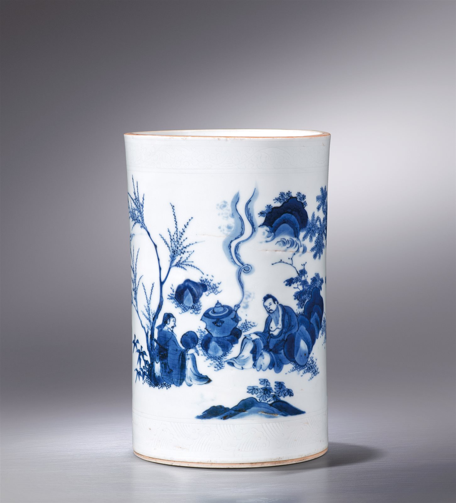 青花煮茶图笔筒