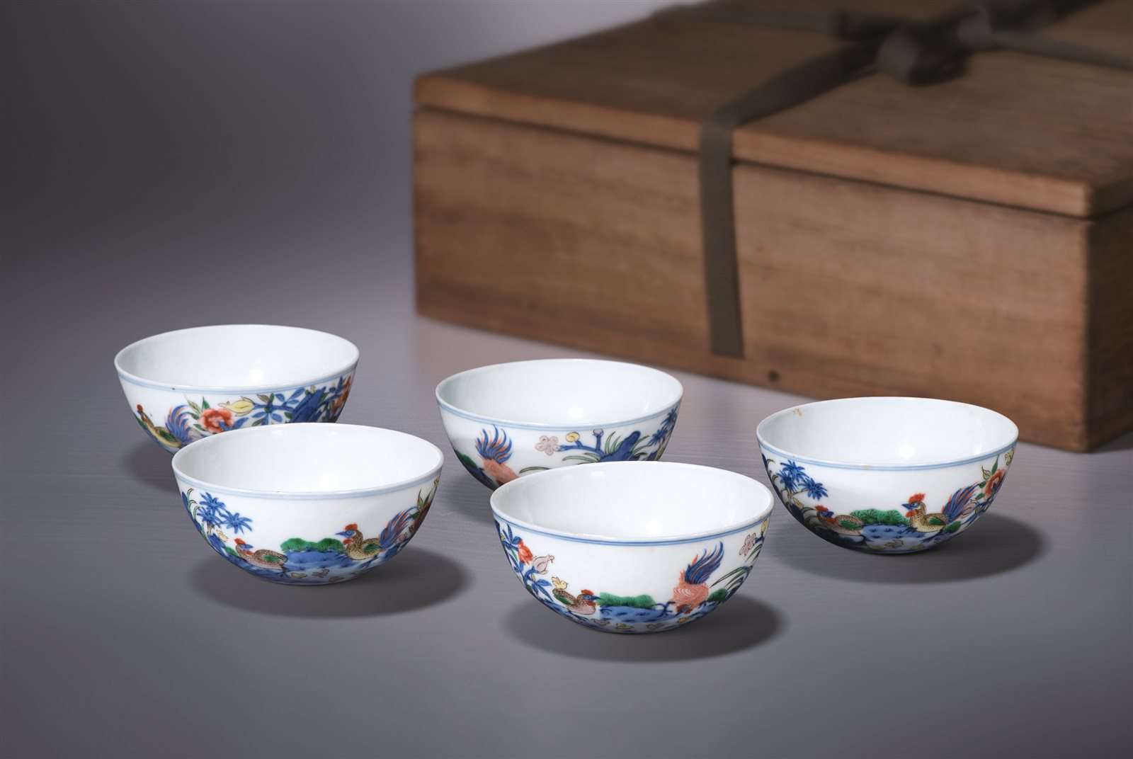 青花五彩鸡缸杯五只