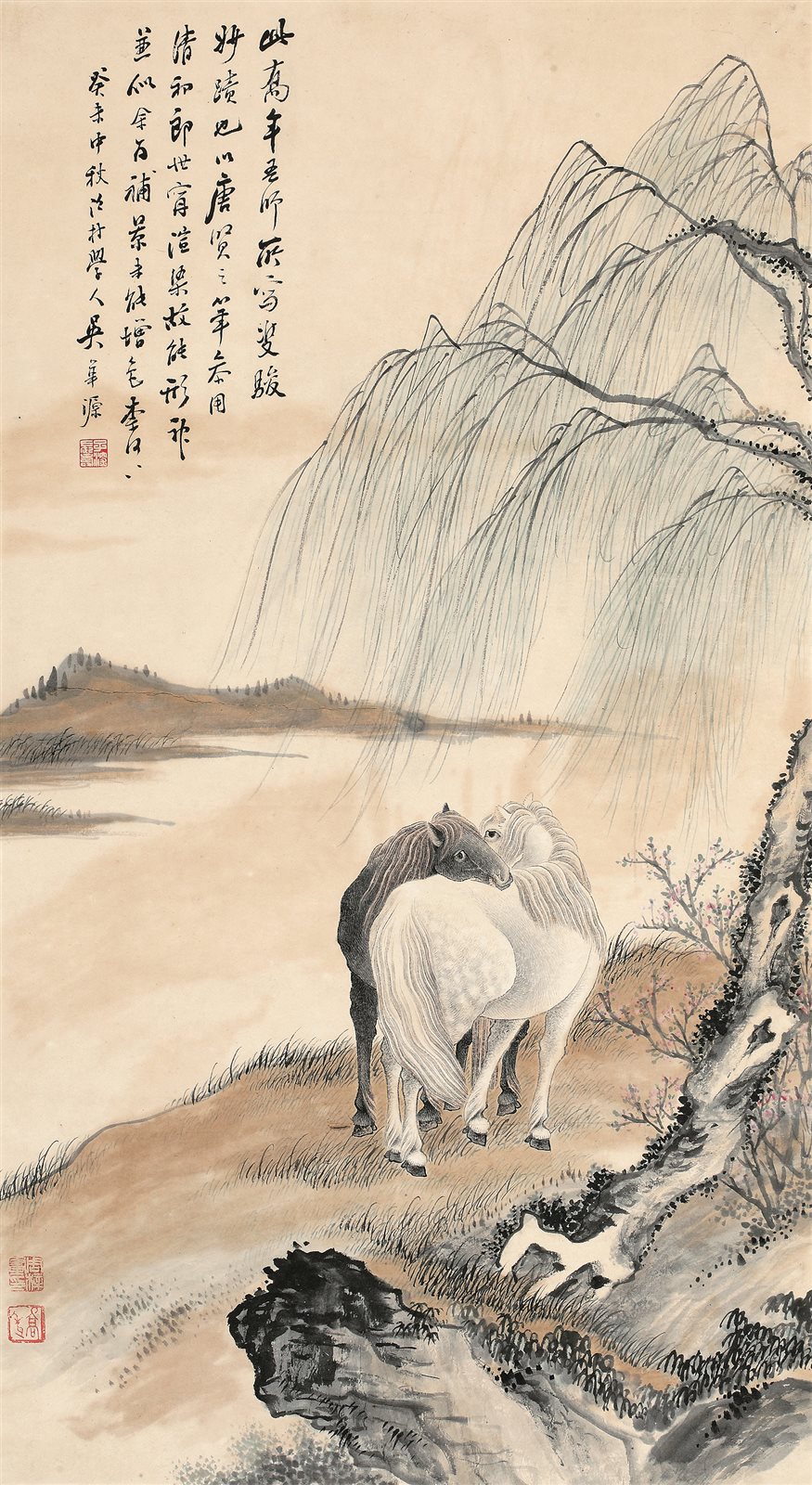 柳荫双骏图