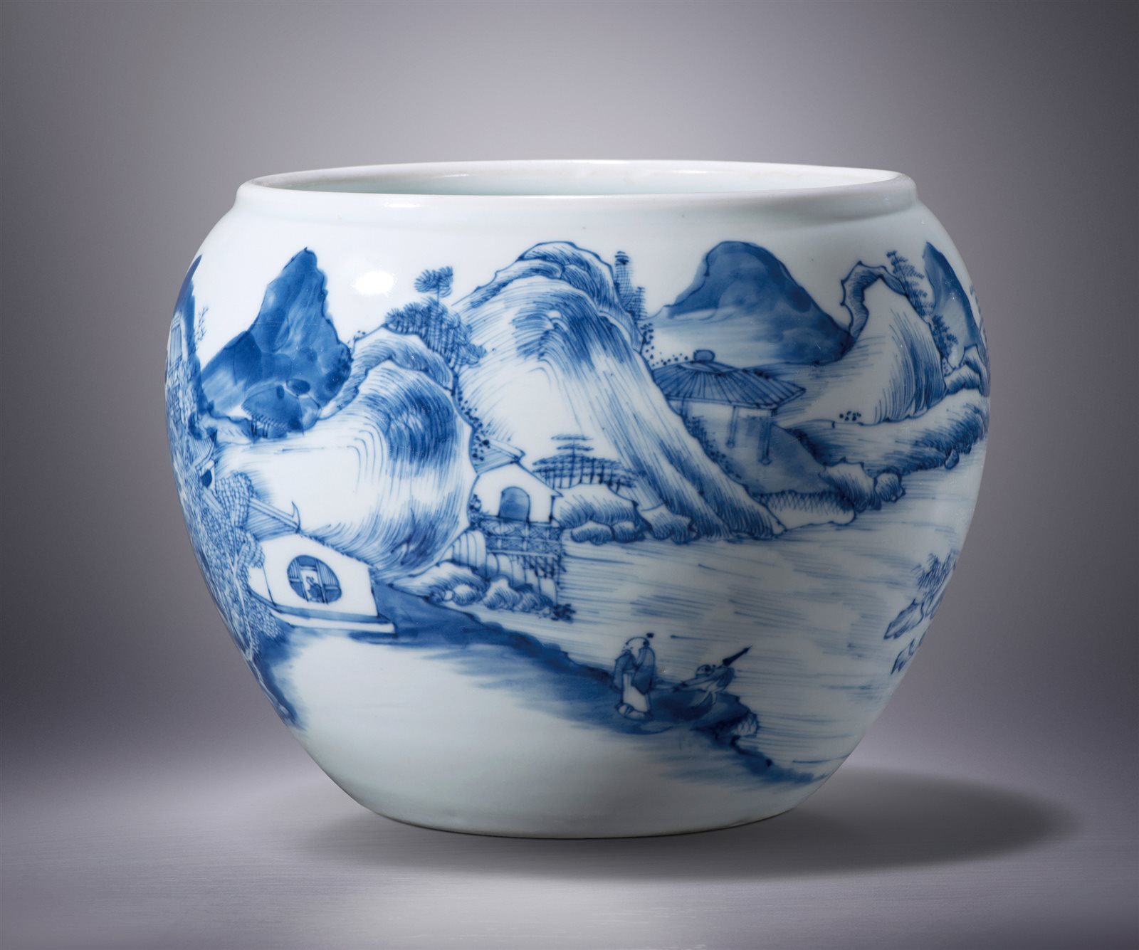 青花山水人物纹小案缸