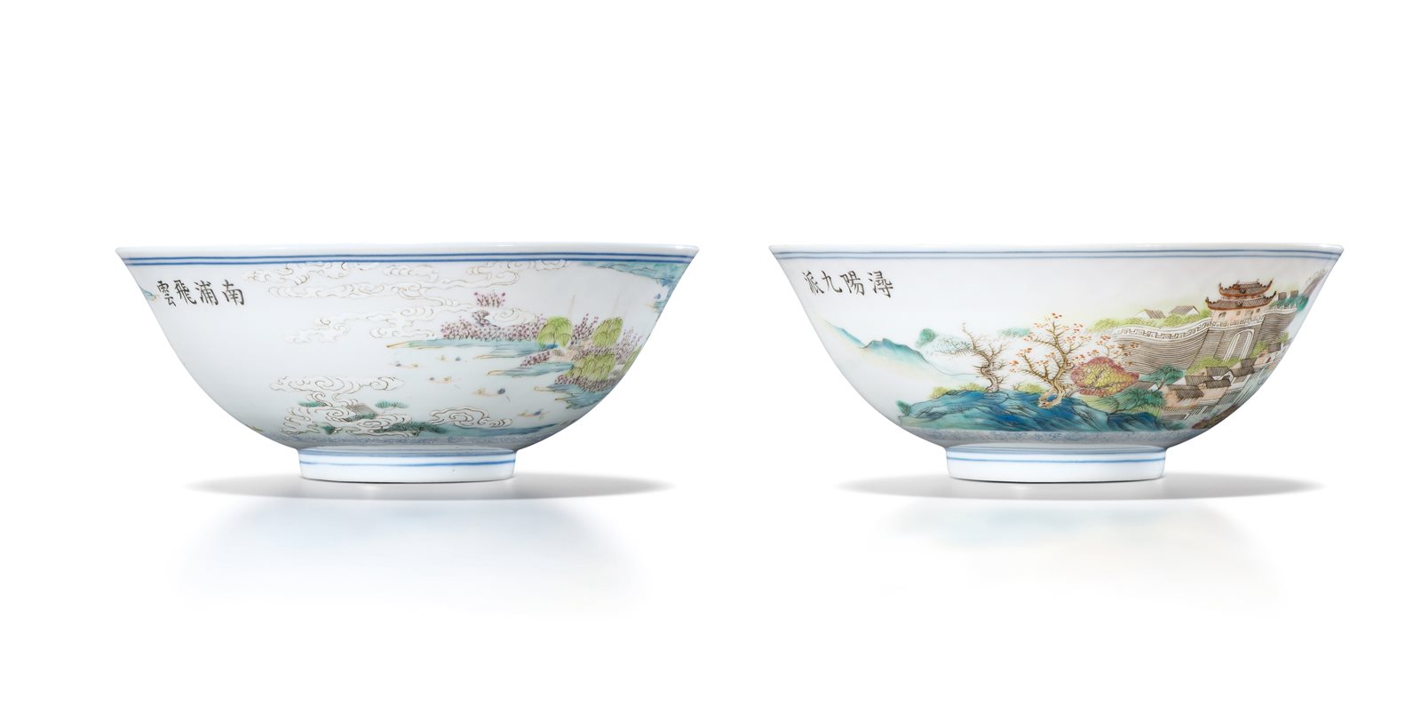 粉彩“江西十景”之南浦飞云、浔阳九派图碗一对