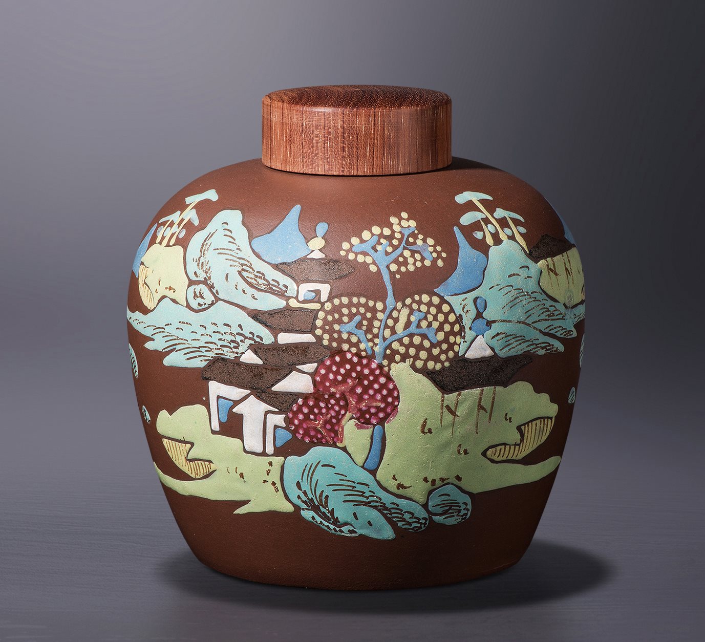 紫砂加彩山水纹茶叶罐