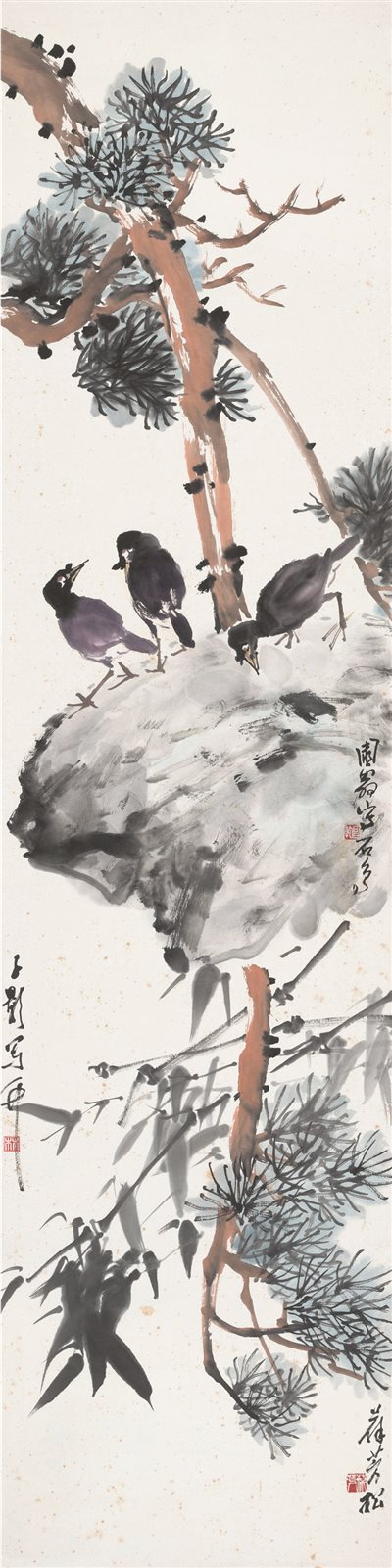 苍松石鸟图