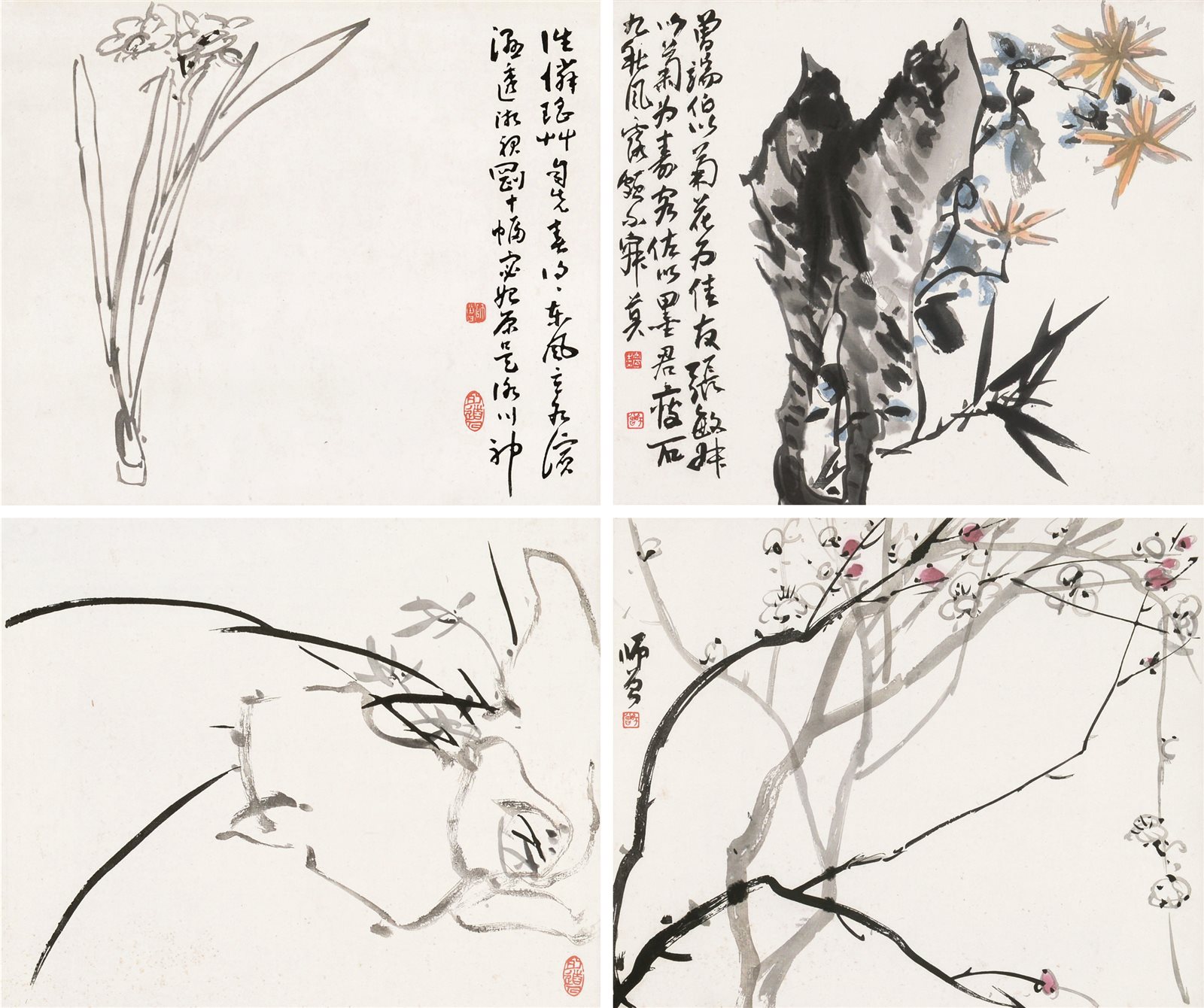 荣宝斋木刻水印陈师曾梅兰水仙菊镜片