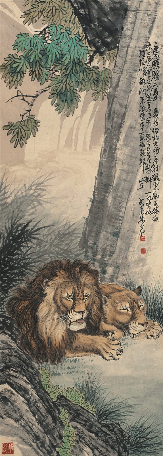 幽谷双狮图