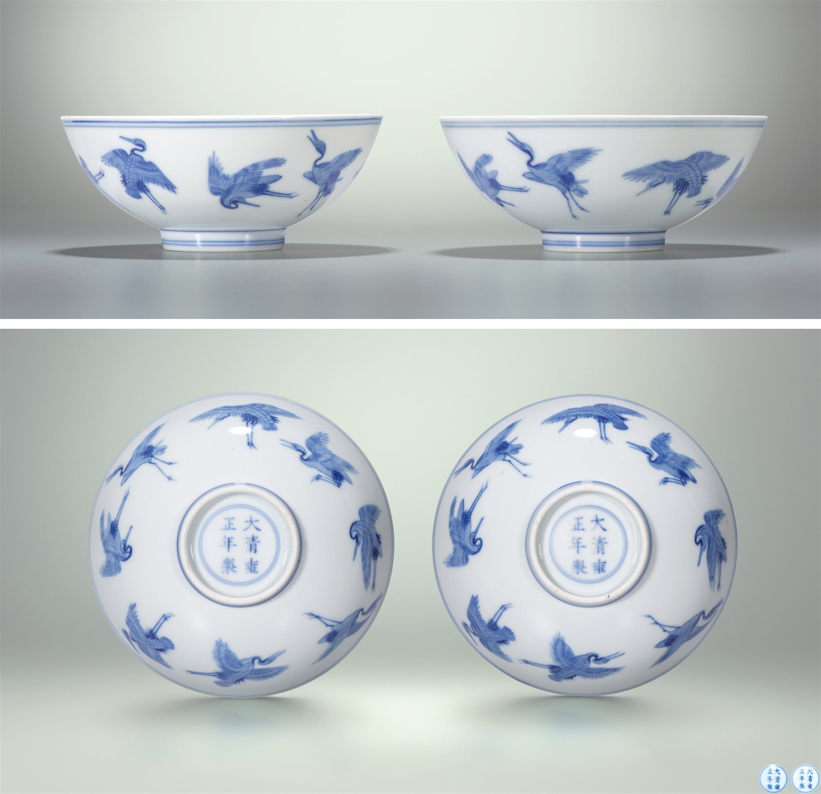 青花外八鹤内九桃福寿纹碗一对