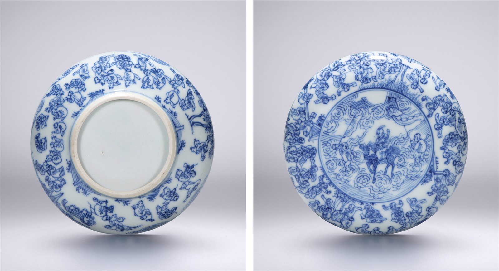 青花淡描婴戏“百子嬉春”图印泥盒