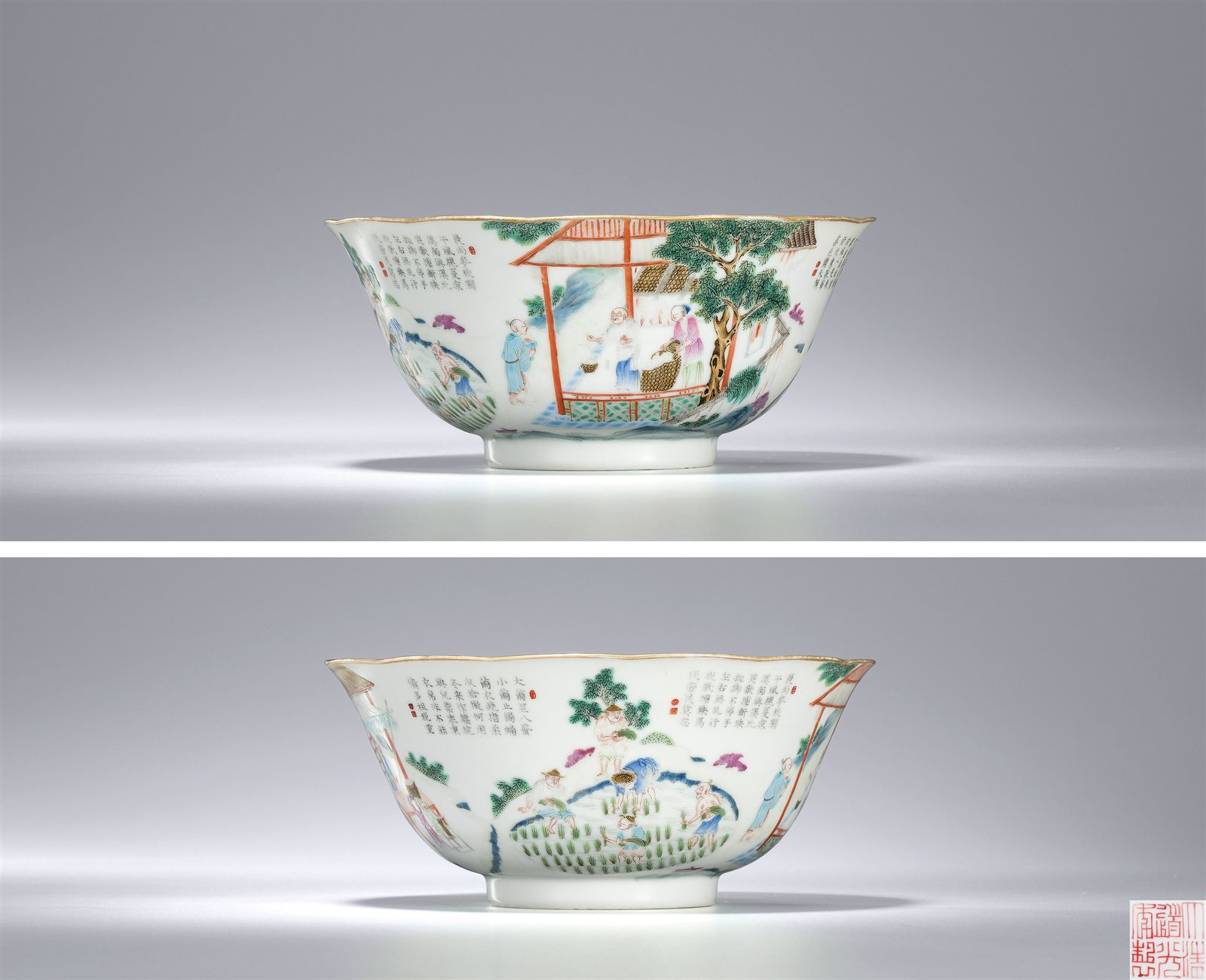 粉彩耕织图花口碗
