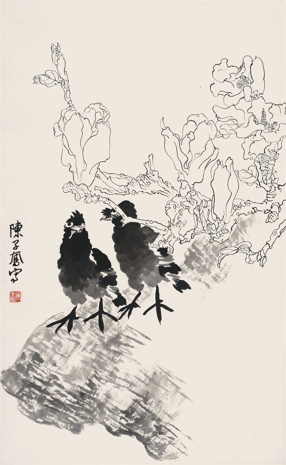 陈子奋白描花鸟立轴