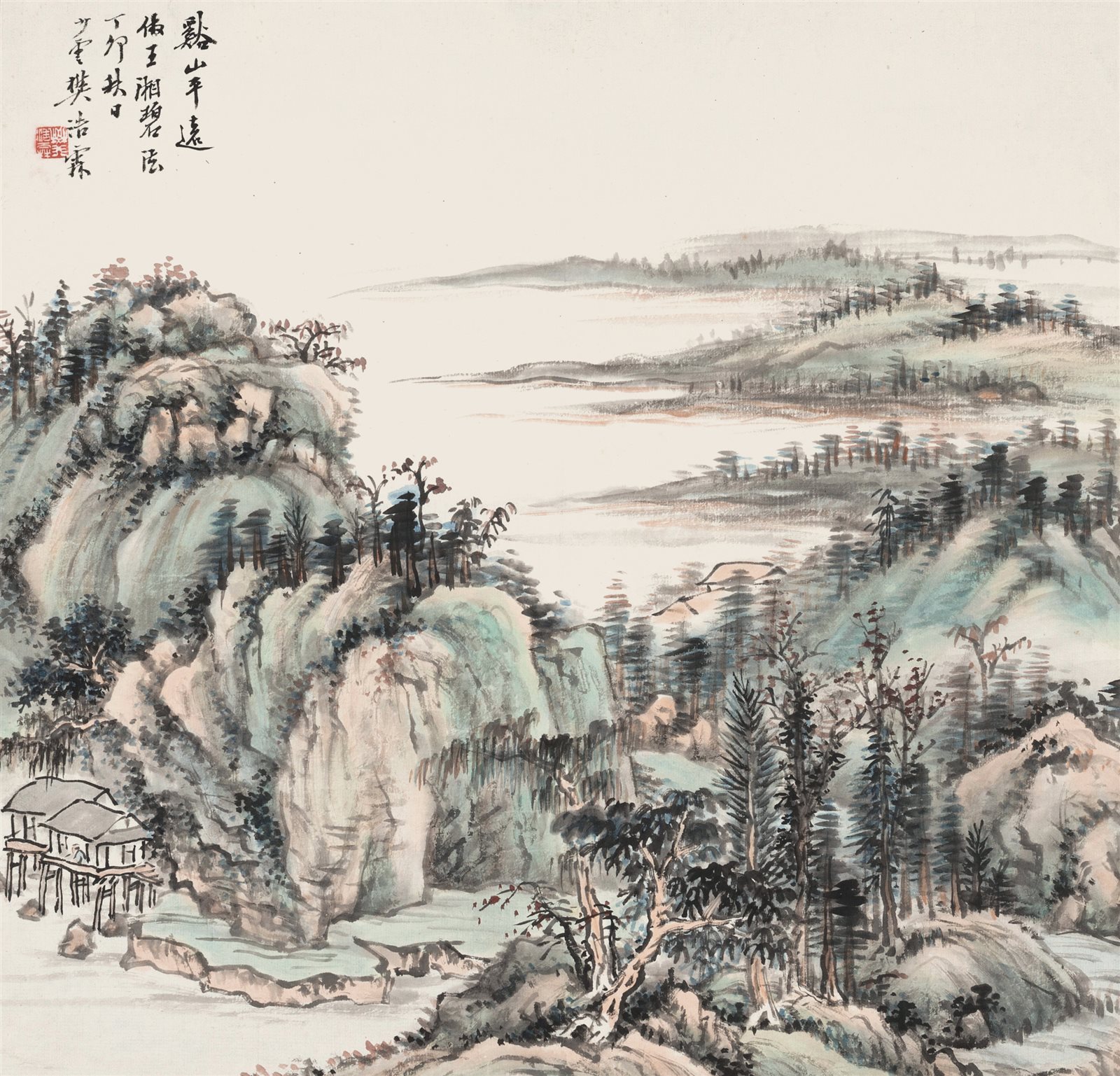 谿山平远。仿王湘碧法。丁卯秋月，少云樊浩霖。