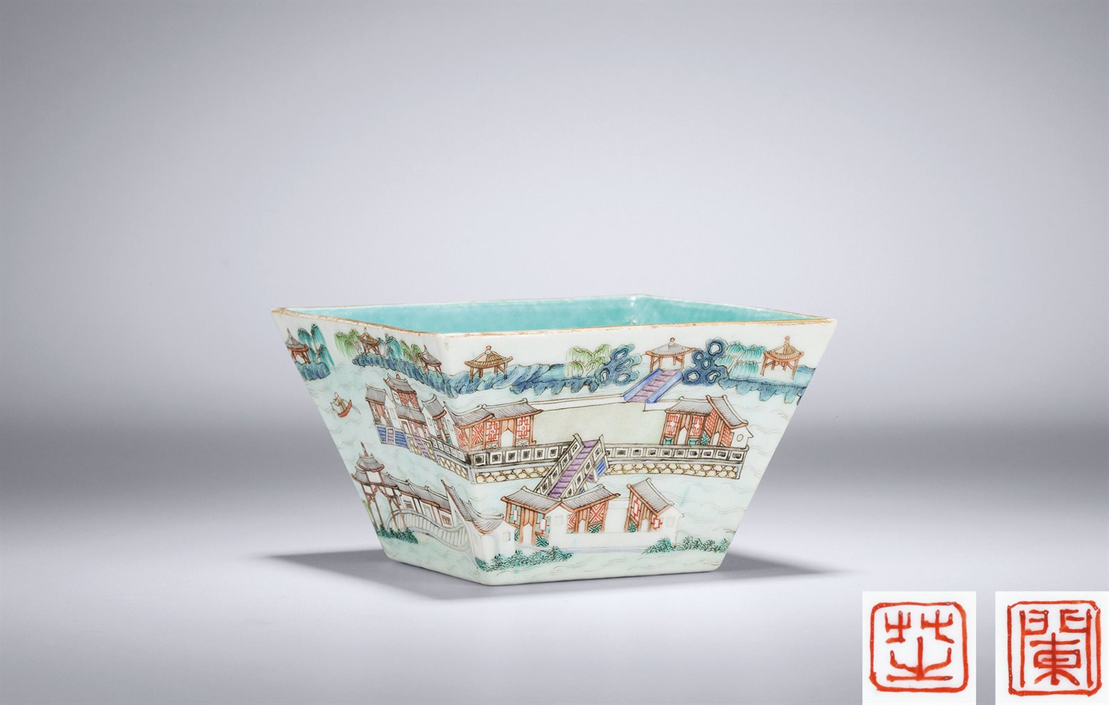粉彩“花州春晓”图四方斗杯