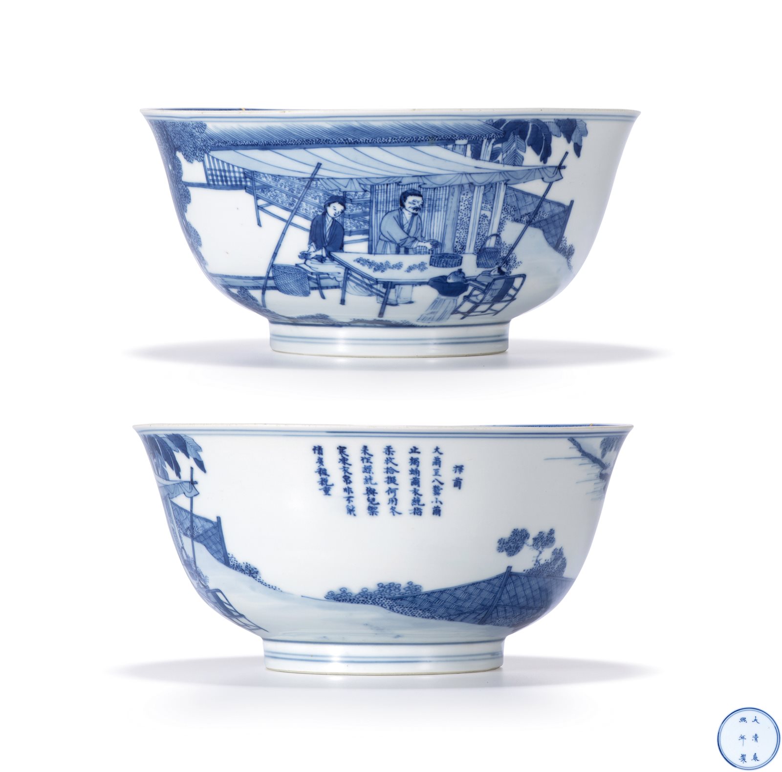 青花耕织图诗文碗