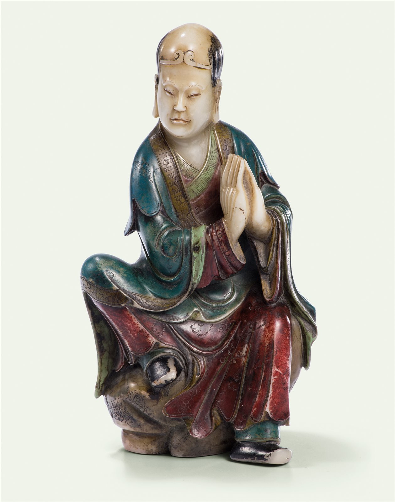 寿山石加彩雕罗汉座像