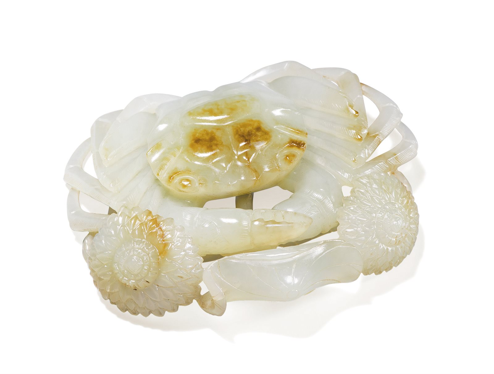 白玉留皮“菊花对蟹”摆件