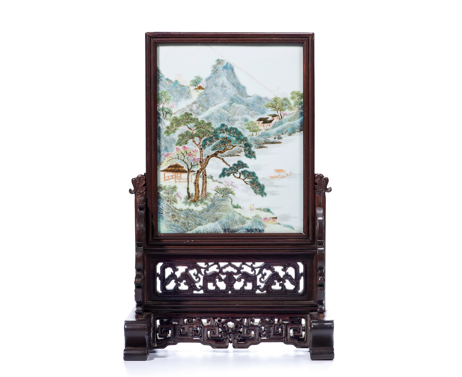 粉彩山水行舟图瓷板研屏