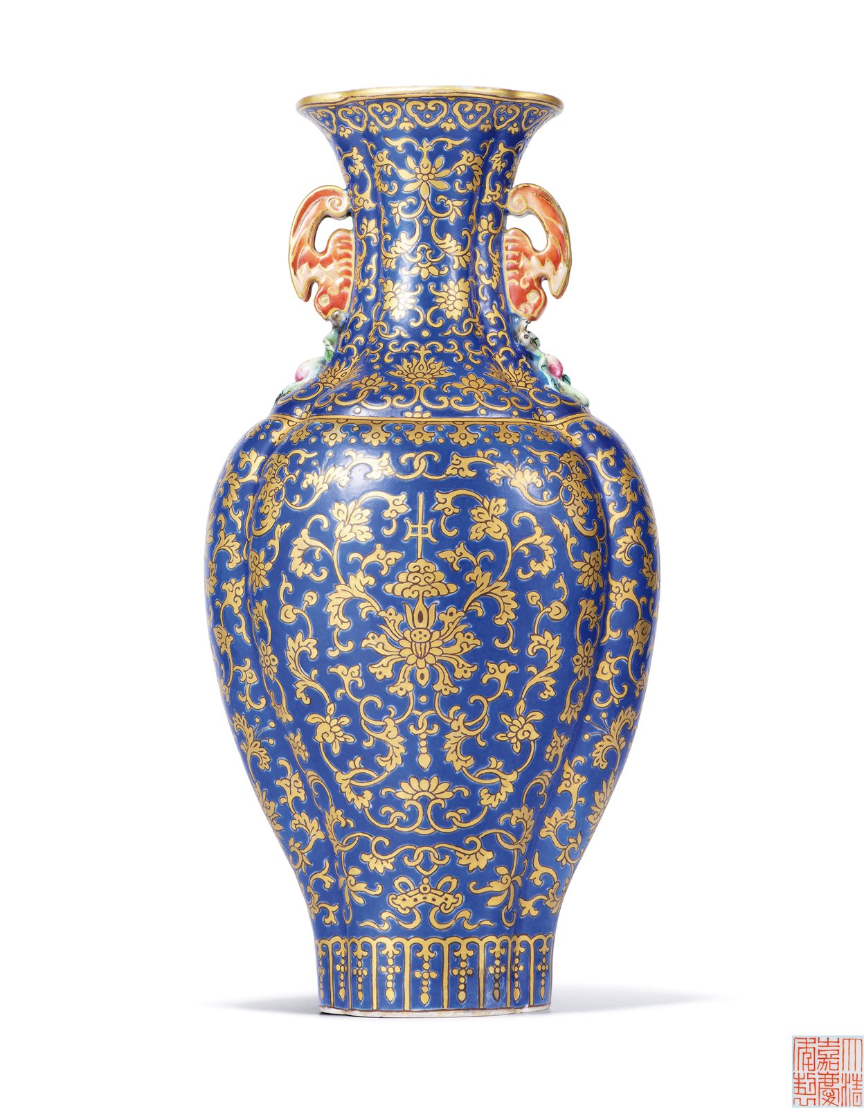 翠蓝地描金宝相花“福寿吉庆”纹海棠瓶