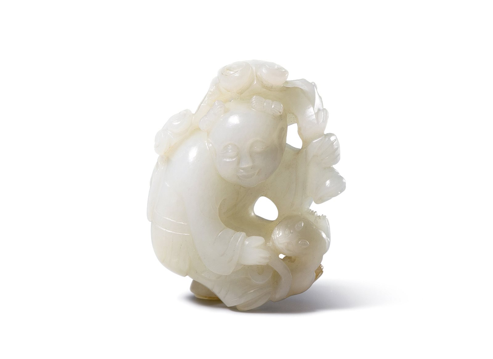 白玉雕童子执灵芝把件