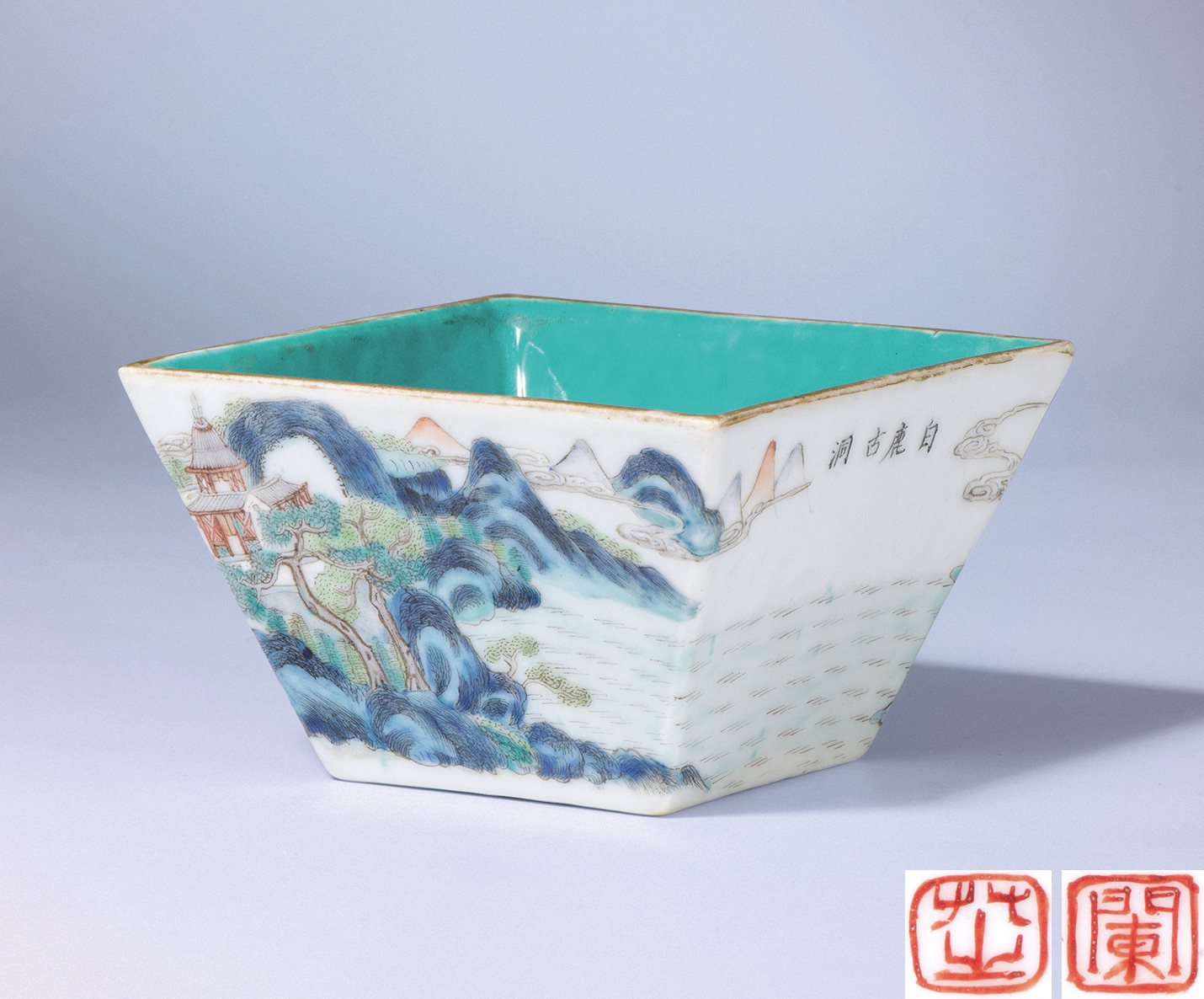 粉彩山水人物纹四方斗杯