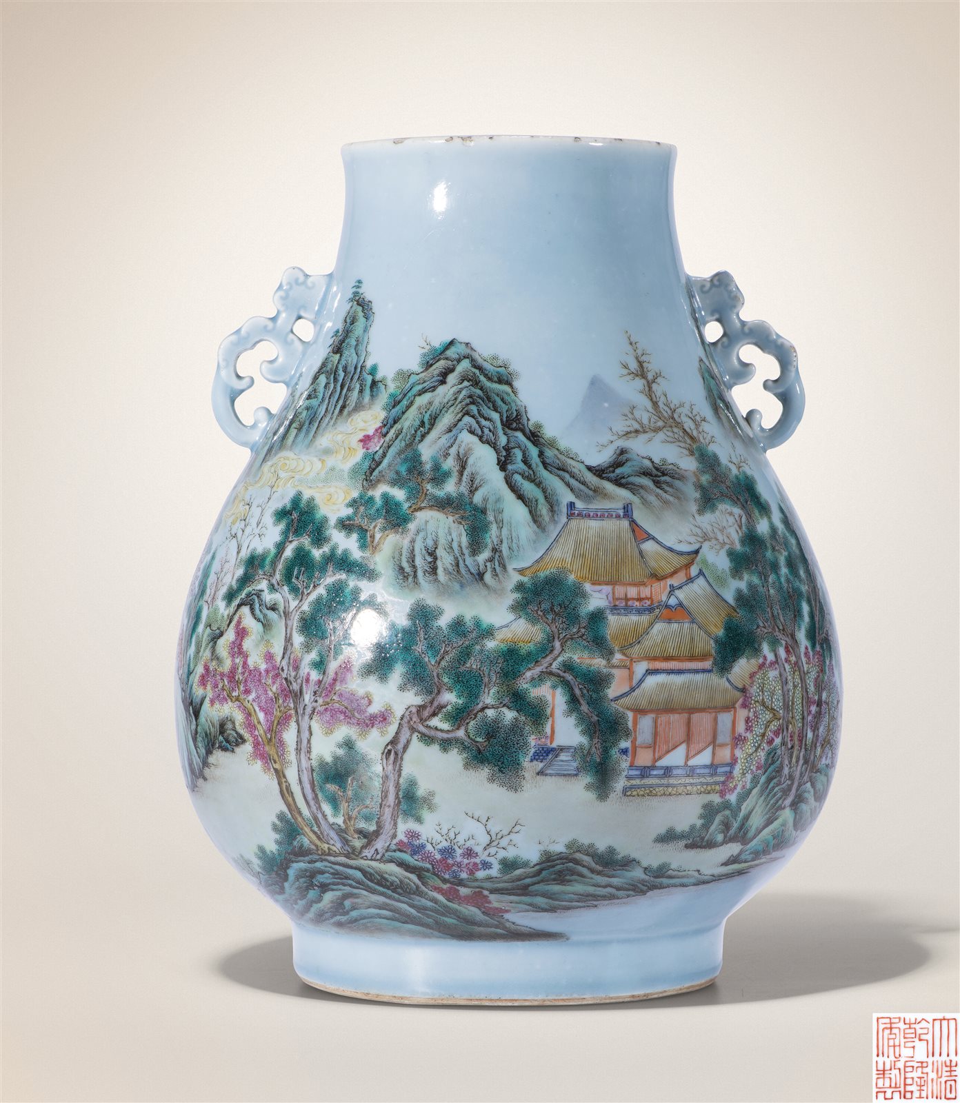 天蓝釉粉彩山水纹双龙耳尊