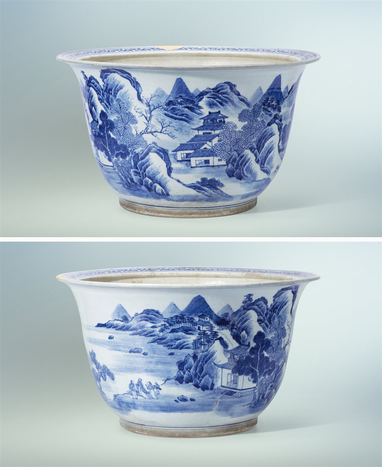 青花山水人物纹大花盆