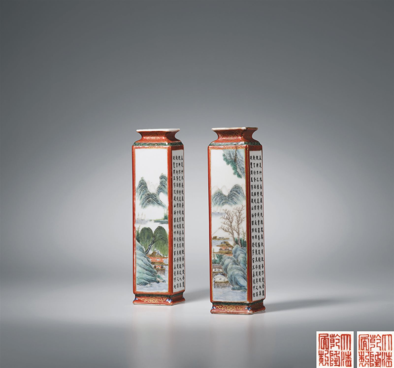珊瑚红地描金粉彩开光山水诗文香筒一对