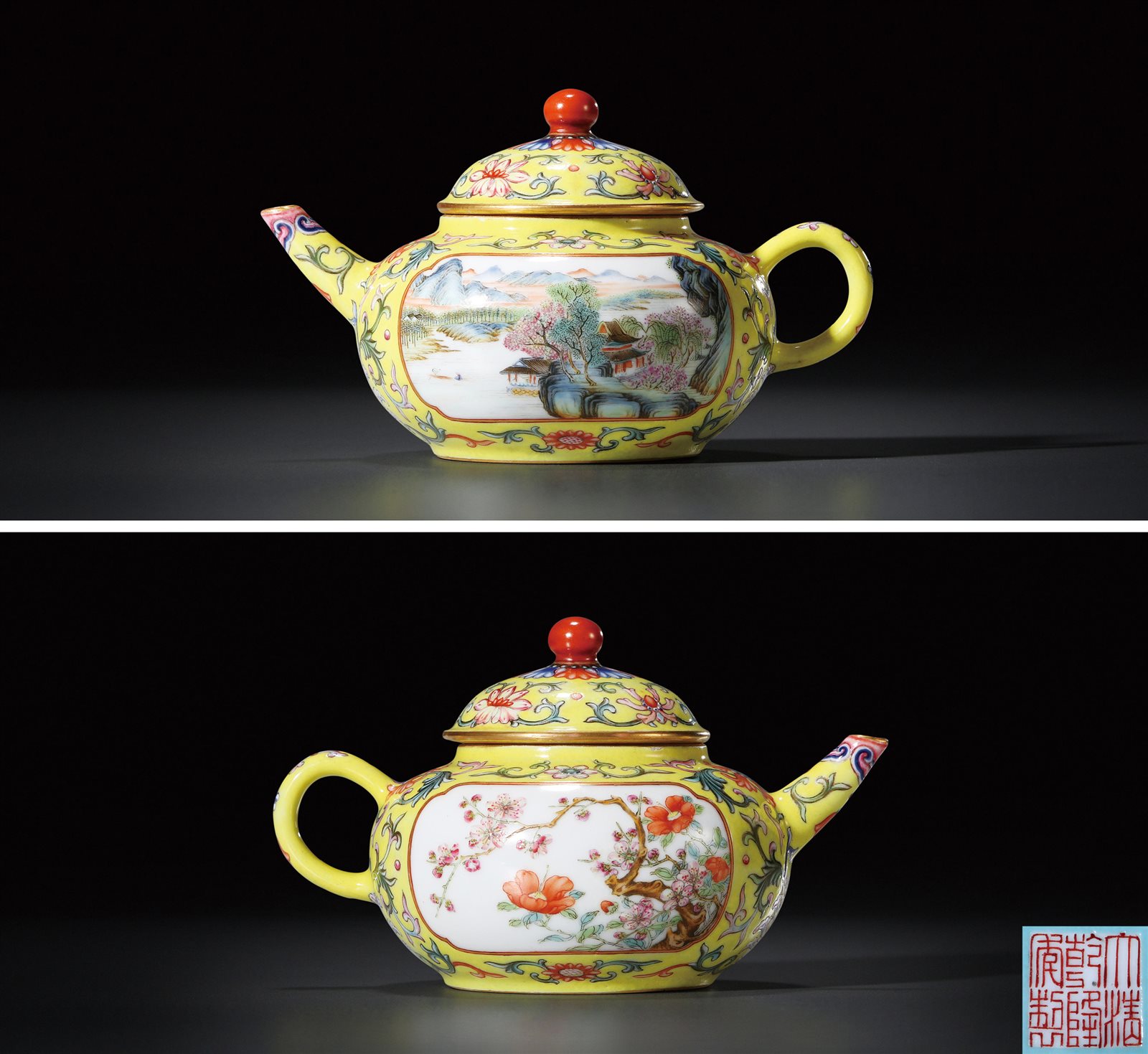 柠檬黄地开光粉彩山水花卉纹茶壶(图录号：14)