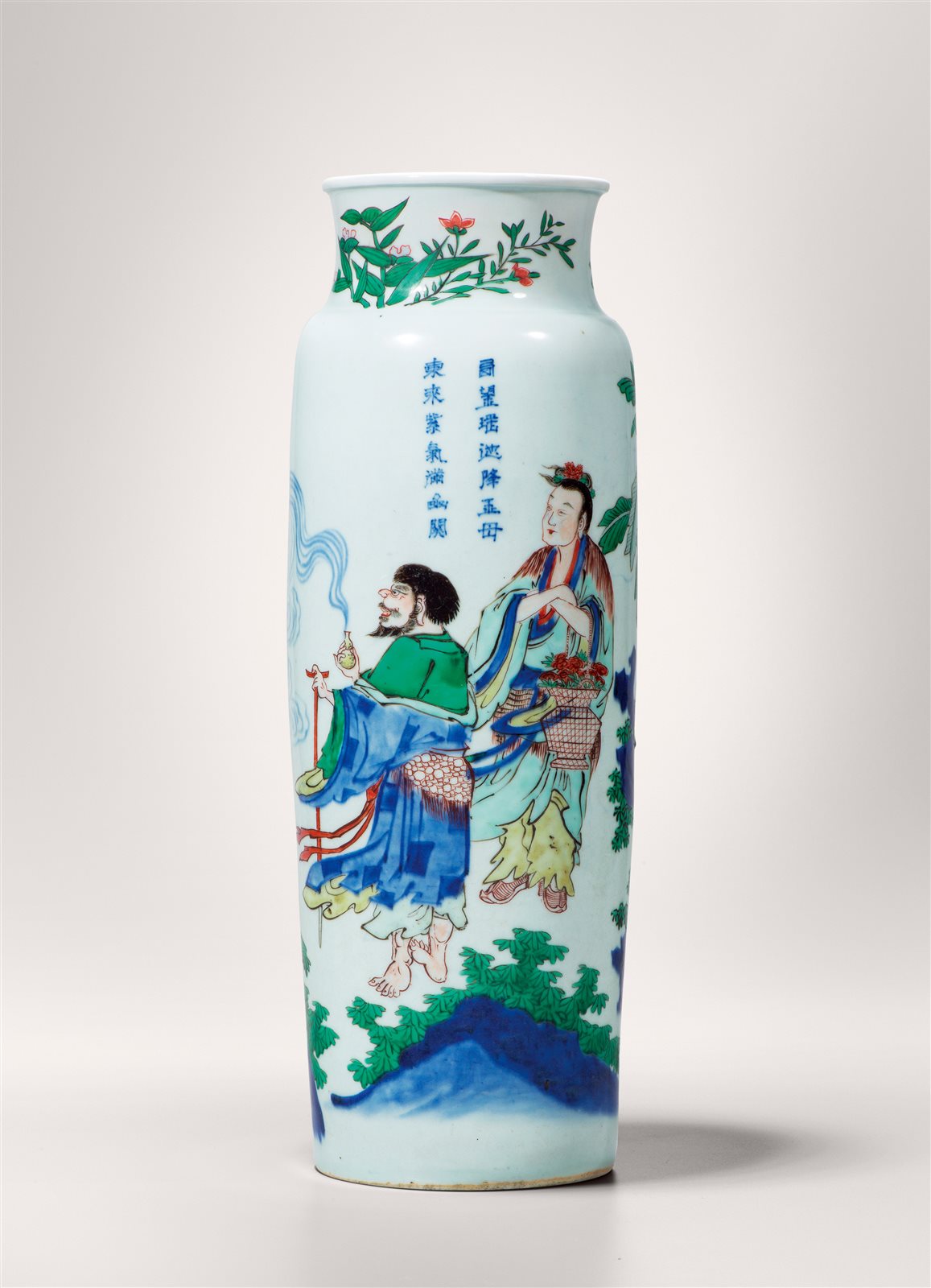 青花五彩铁拐李蓝采和庆寿图筒瓶