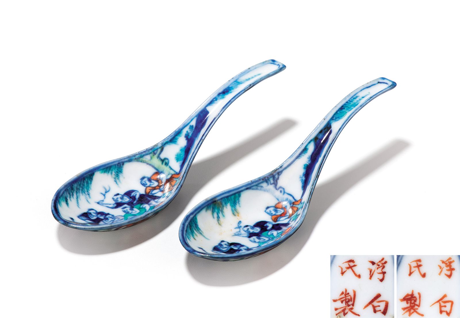 斗彩五子登科图调羹一对