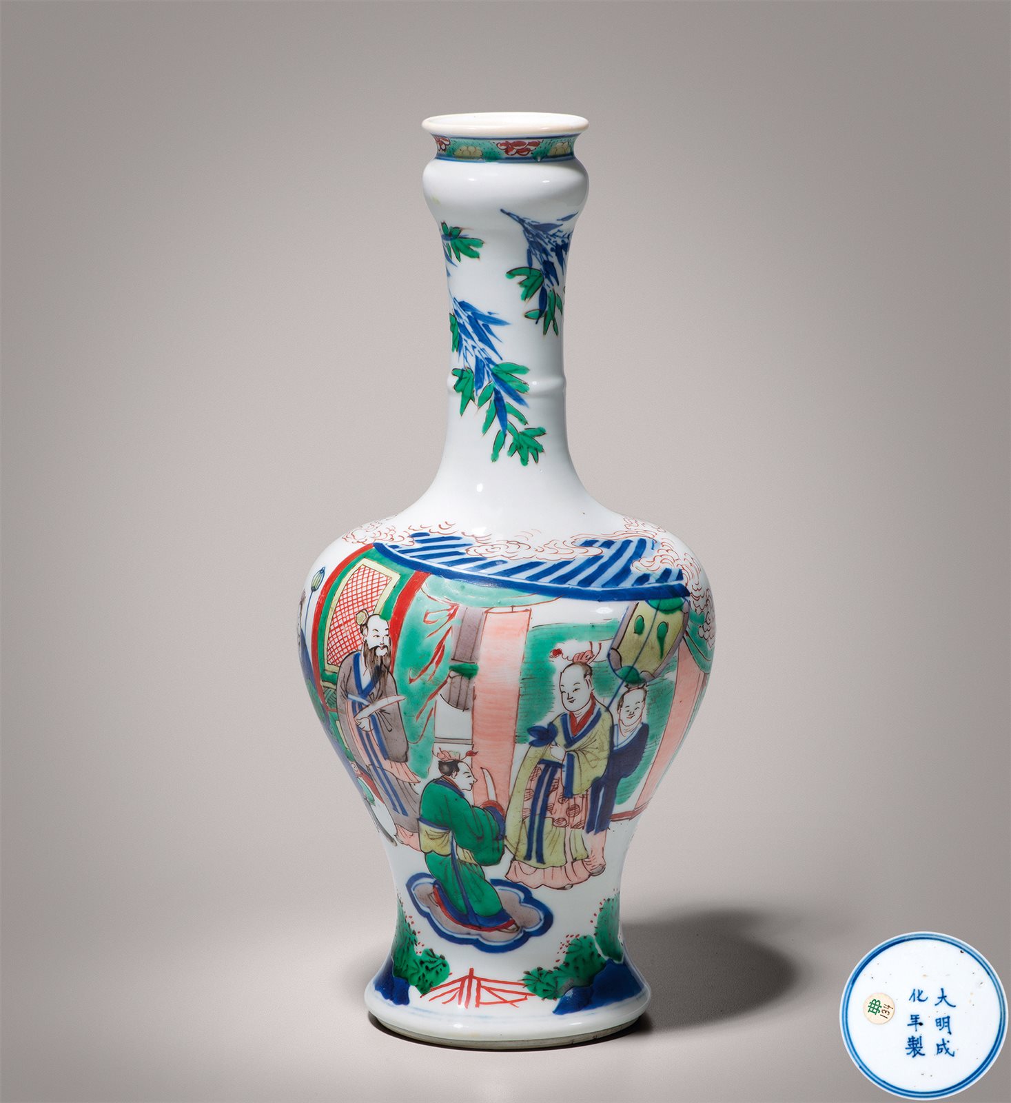 青花五彩桐叶封弟图蒜头瓶
