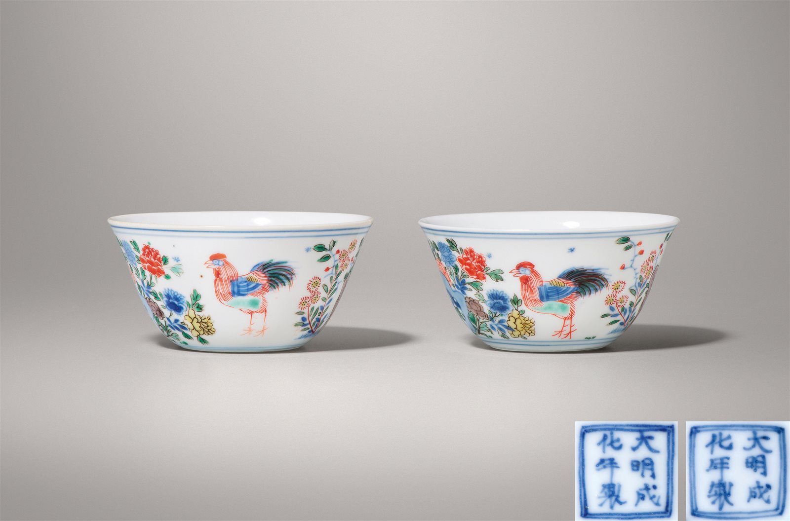青花五彩鸡缸杯一对