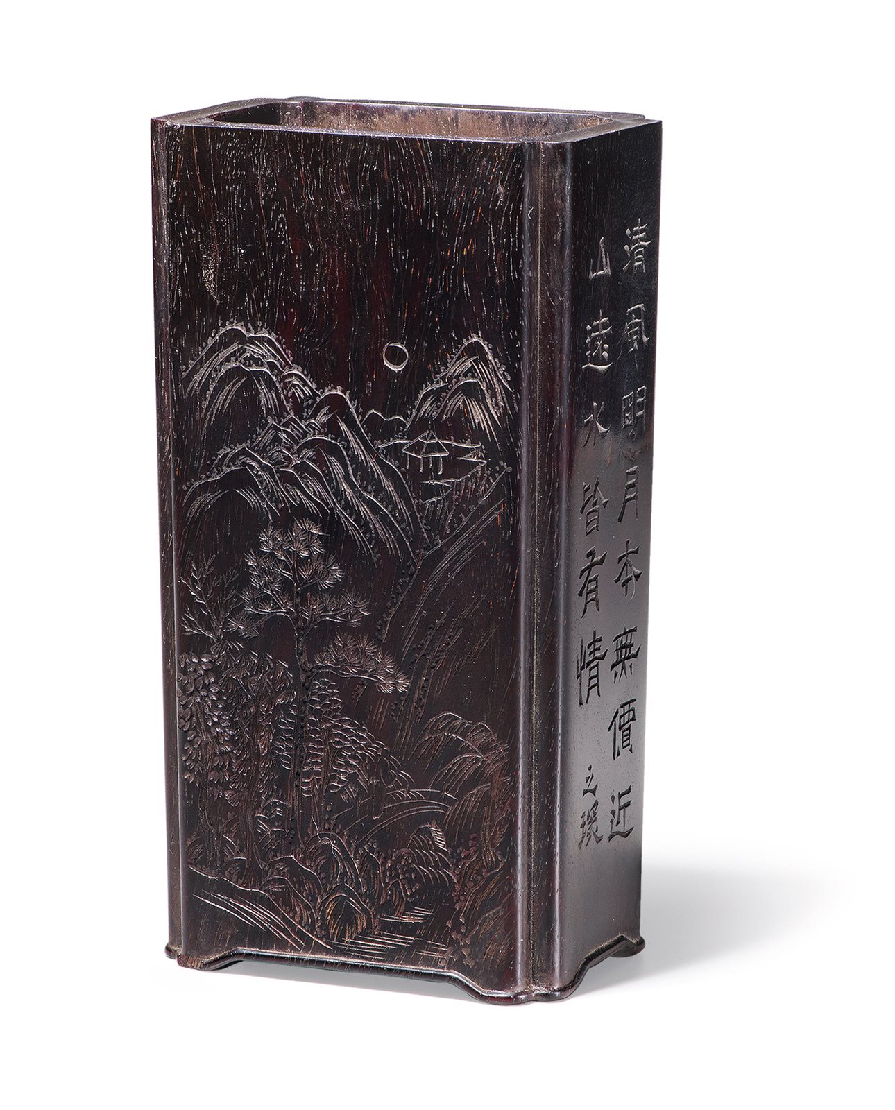 紫檀刻诗文山水花卉纹四方倭角笔筒