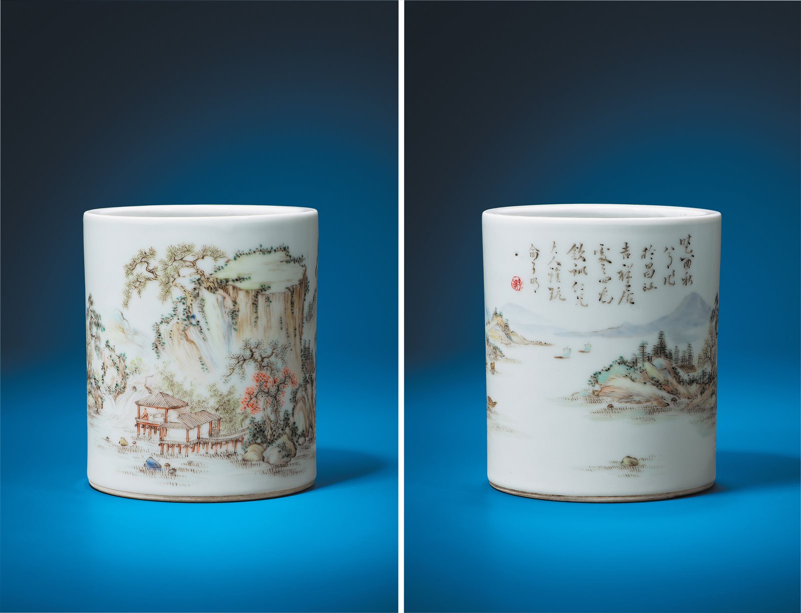 浅绛彩山水纹笔筒
