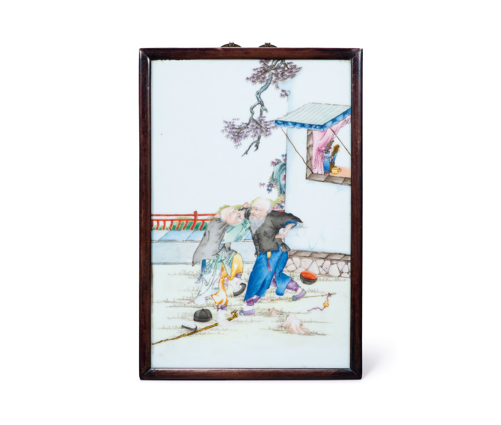 粉彩老叟角力图瓷板