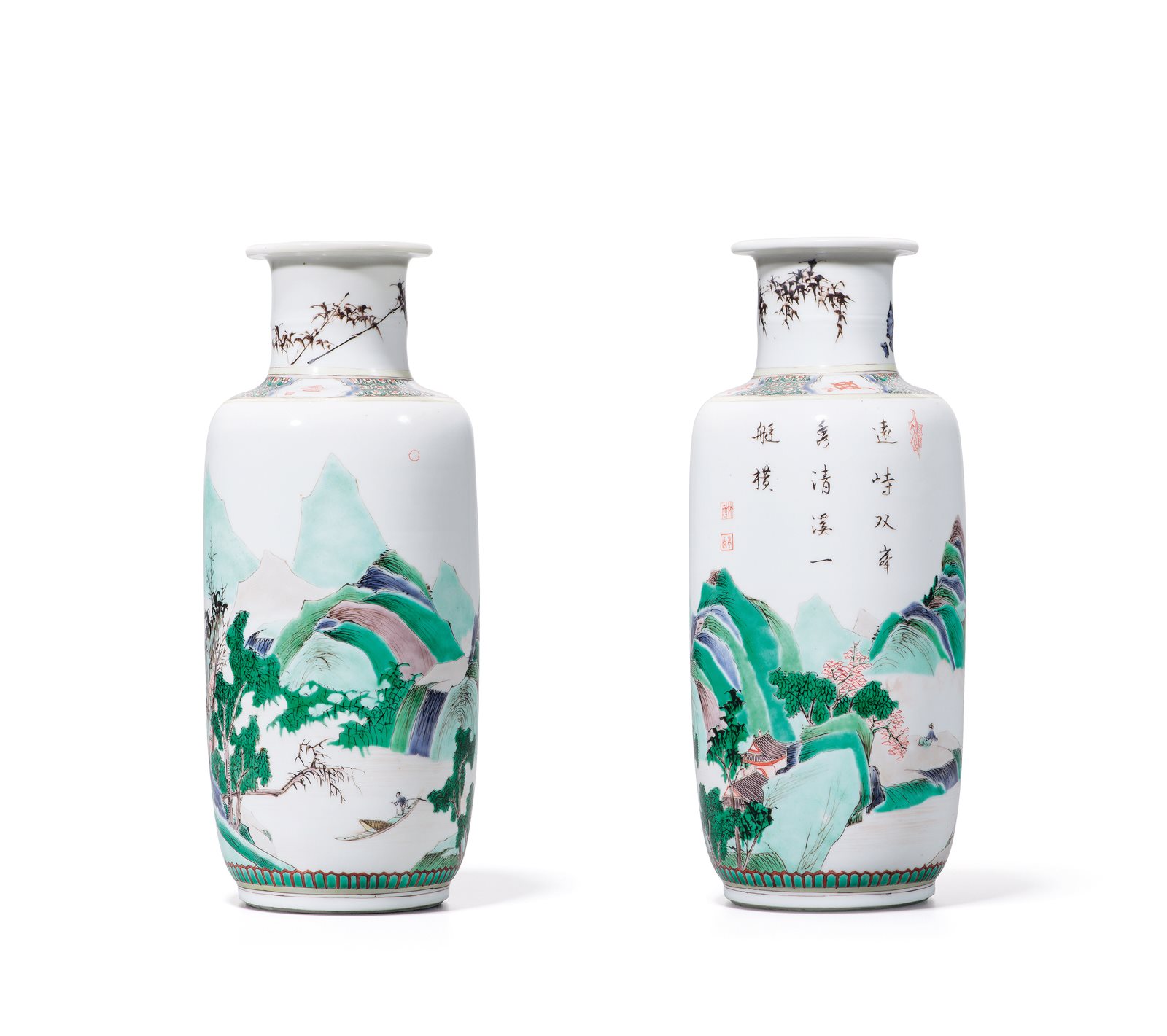五彩山水人物诗文小棒槌瓶