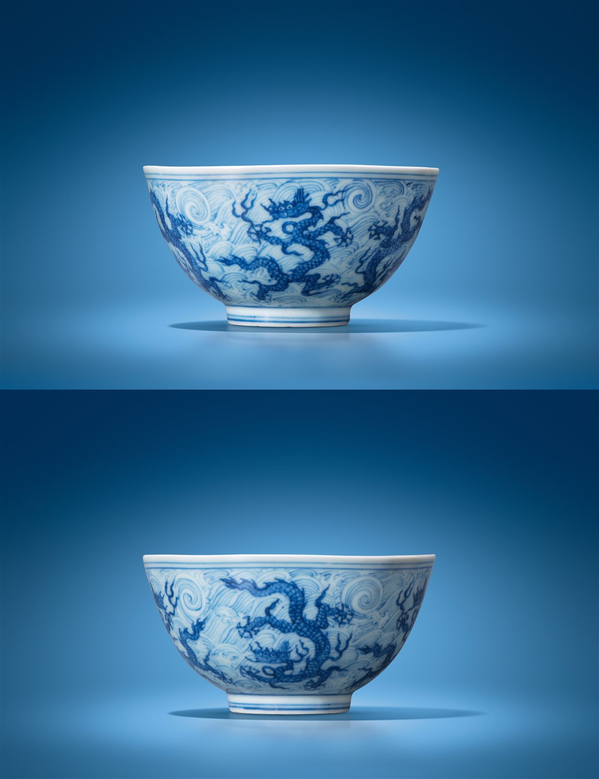 青花海水云波五龙纹碗