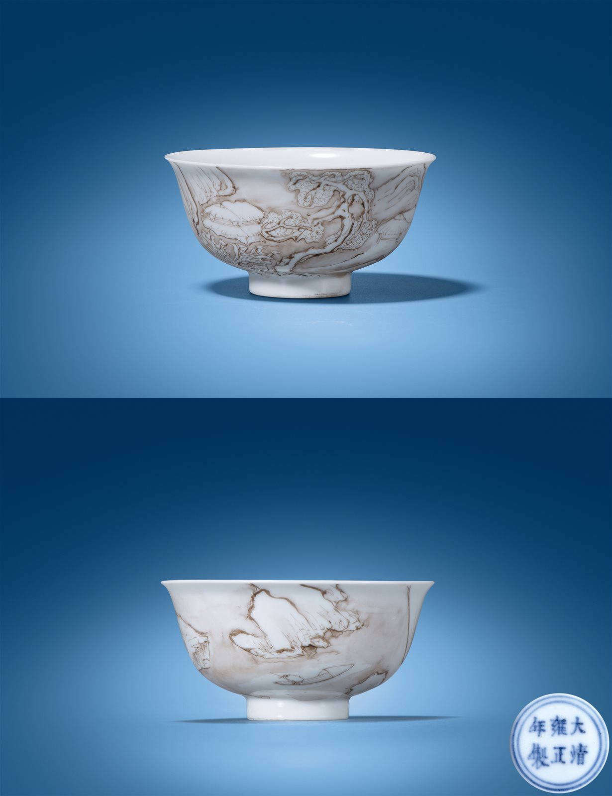 墨彩雪景山水人物纹撇口小杯