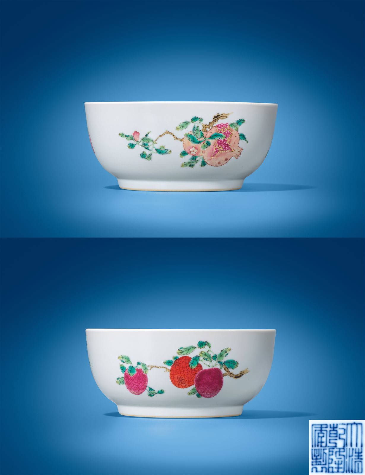 粉彩折枝瑞果三多纹墩式碗