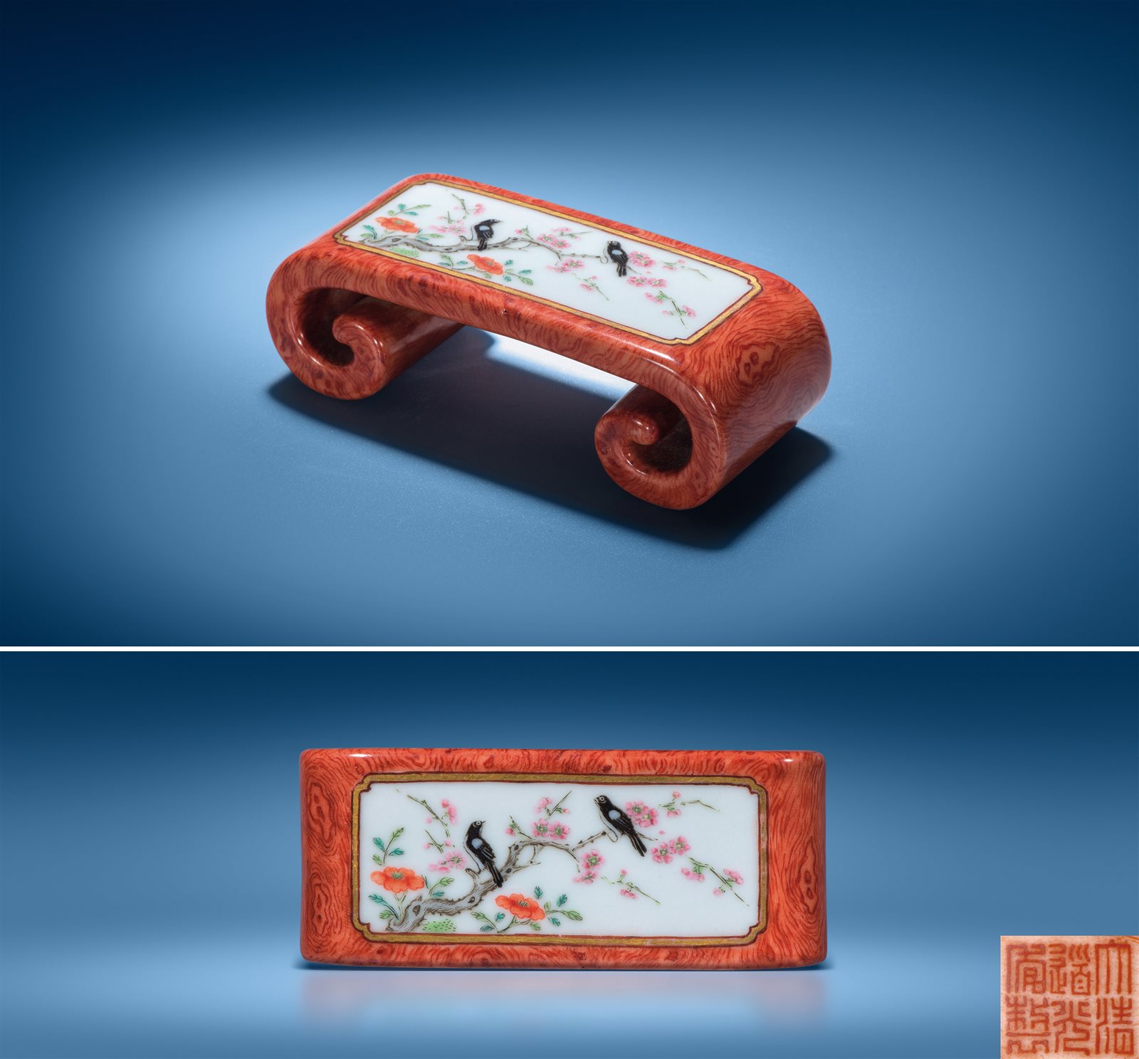 仿木纹釉粉彩开光花鸟图书卷式墨床
