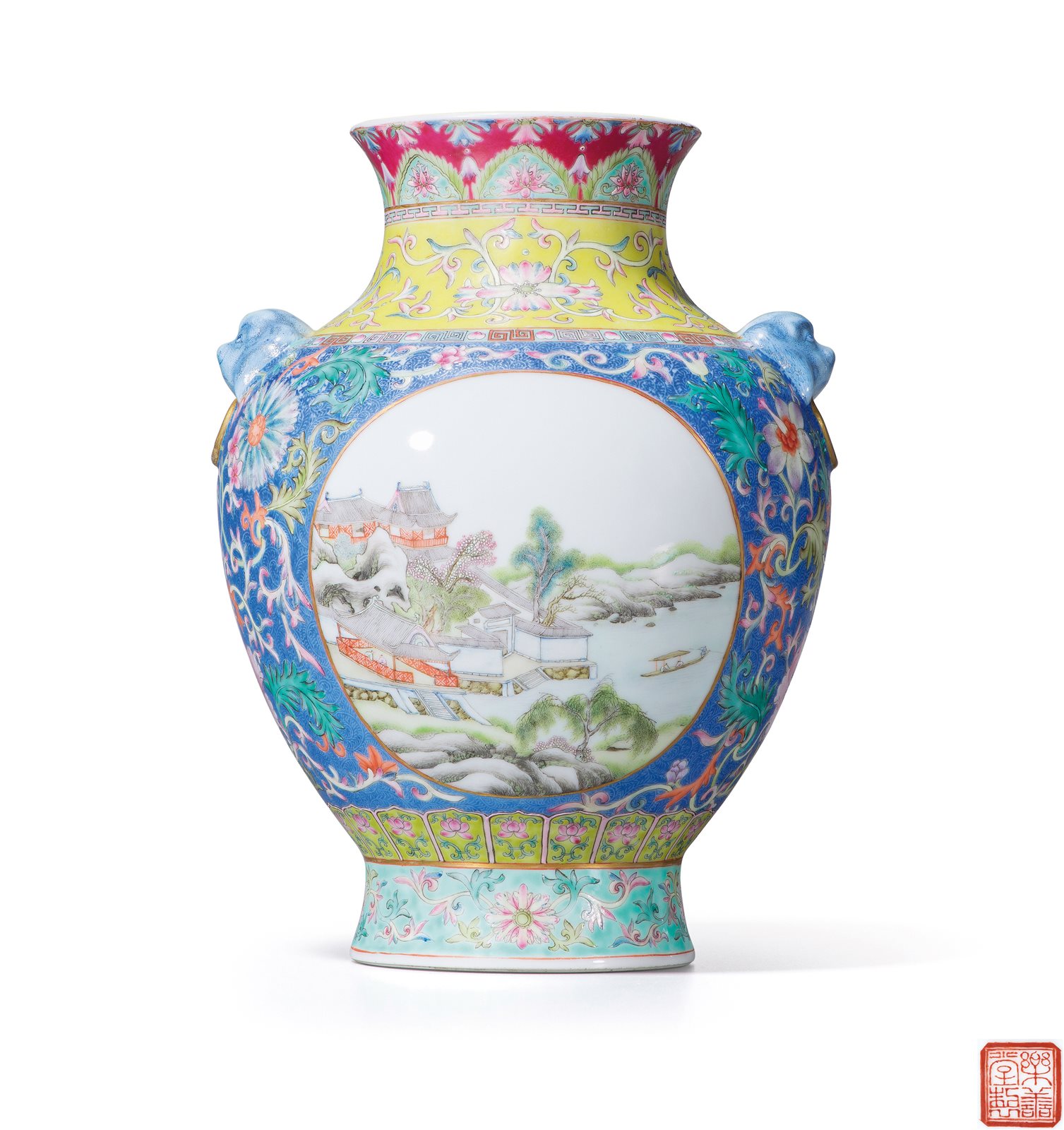 粉彩开光山水人物纹铺首尊