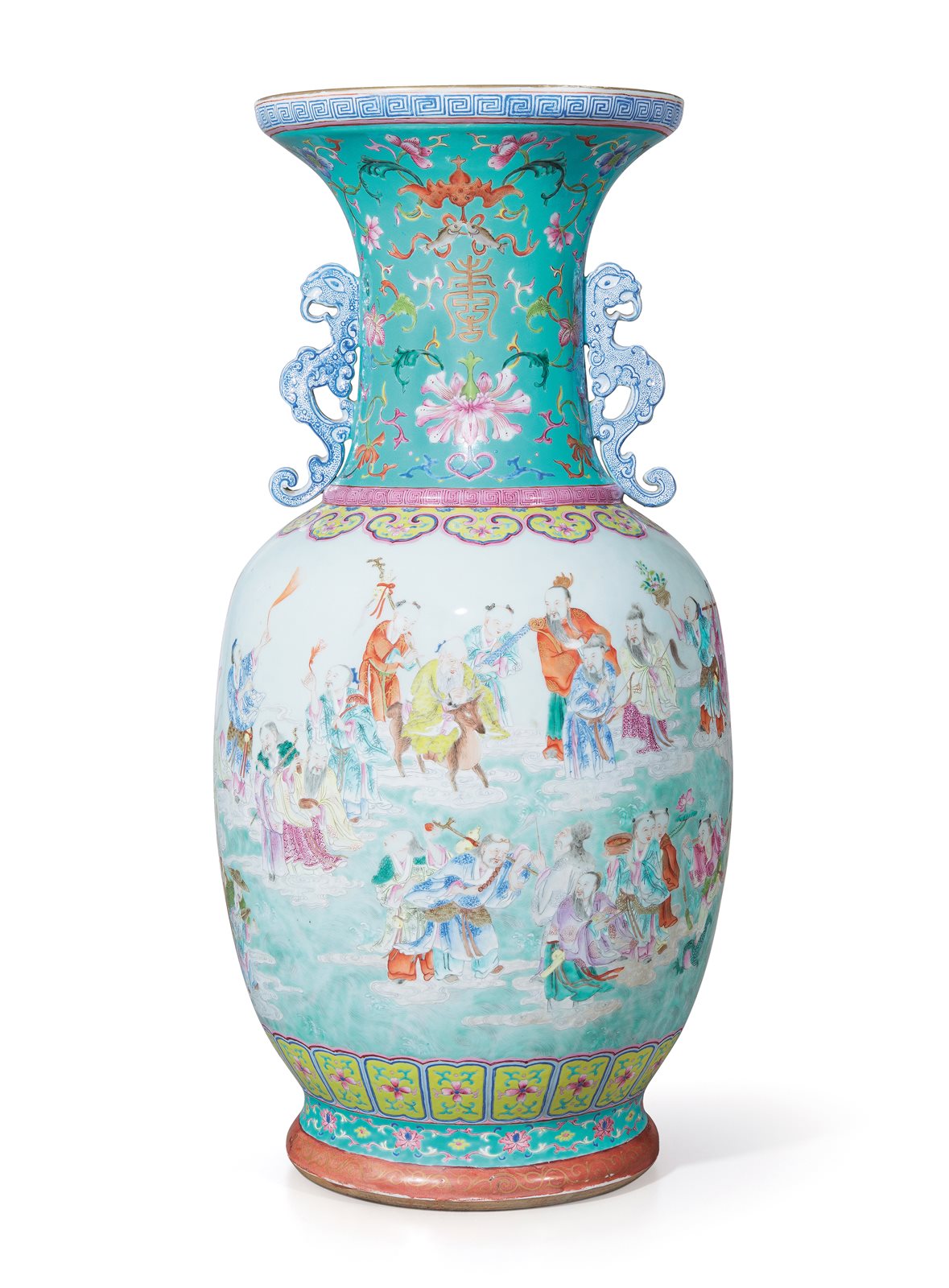 松石绿地描金粉彩缠枝宝相花开光群仙祝寿图双凤耳盘口大尊
