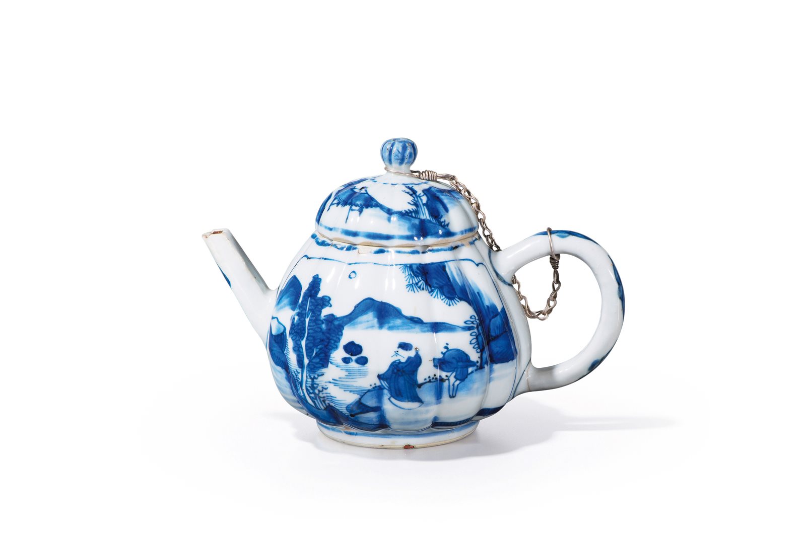 青花山水人物图瓜棱小茶壶