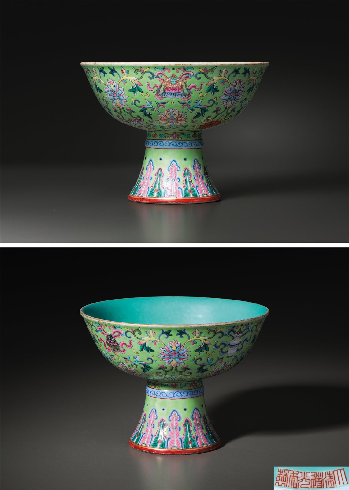秋葵绿地粉彩描金莲托八吉祥纹高足碗