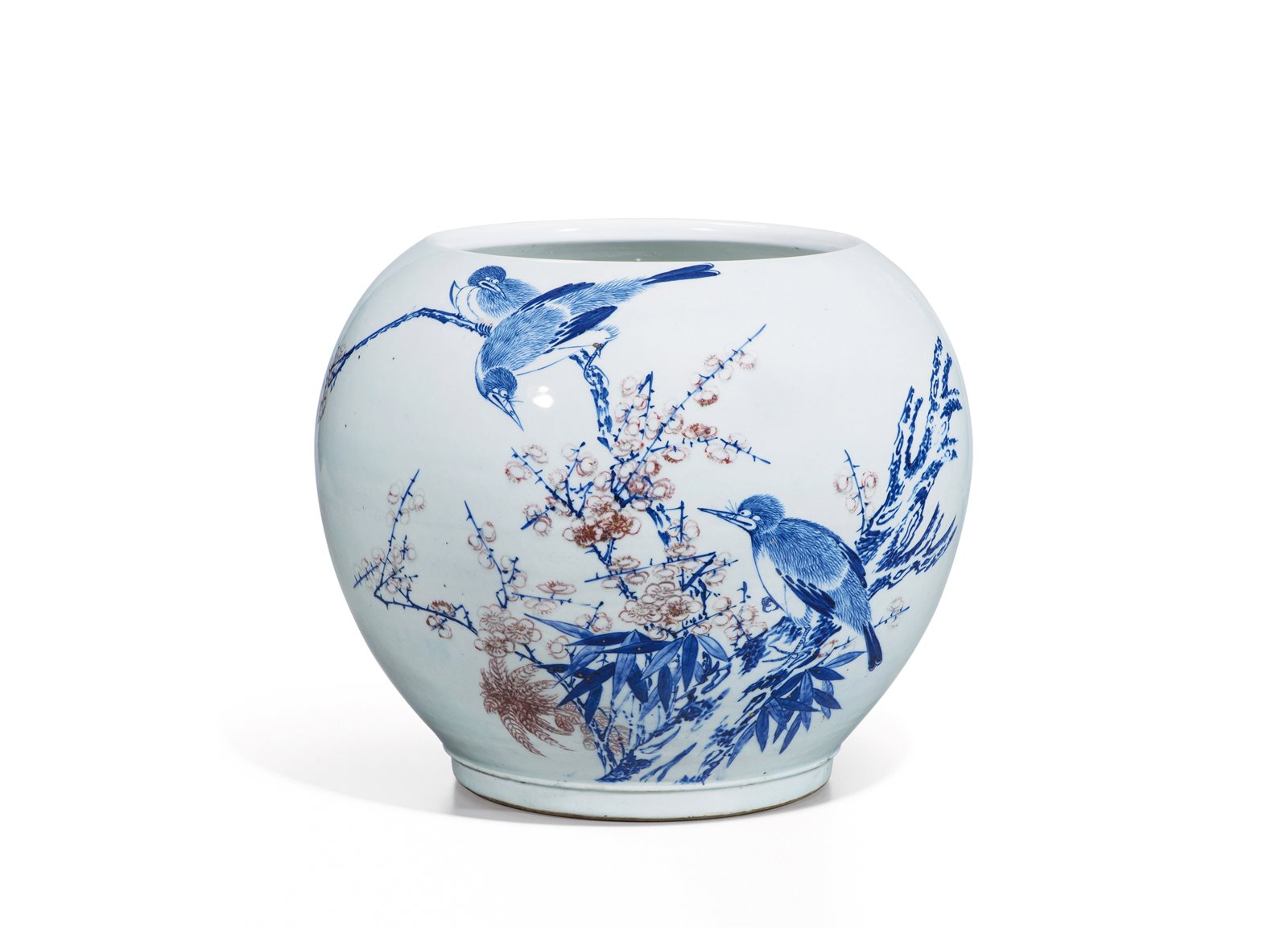 青花釉里红喜鹊登梅图缸