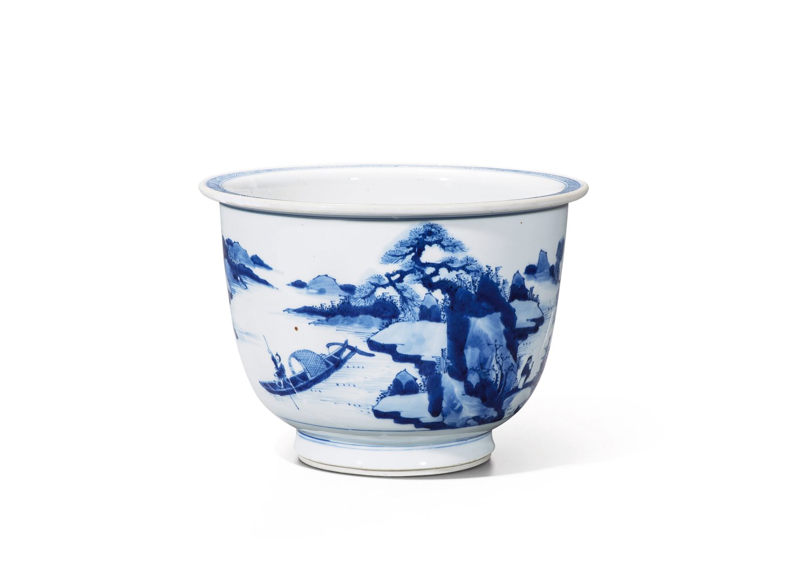 青花山水人物纹花盆