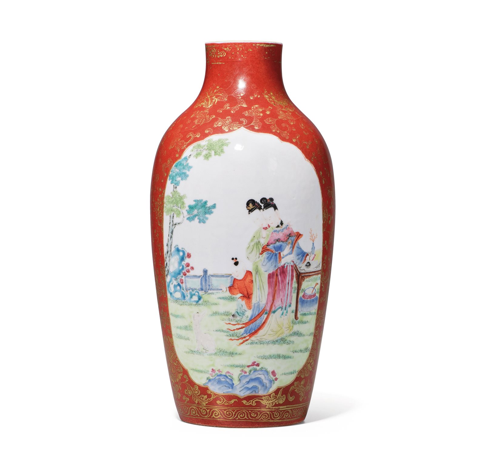 珊瑚红地描金开光仕女婴戏图尊